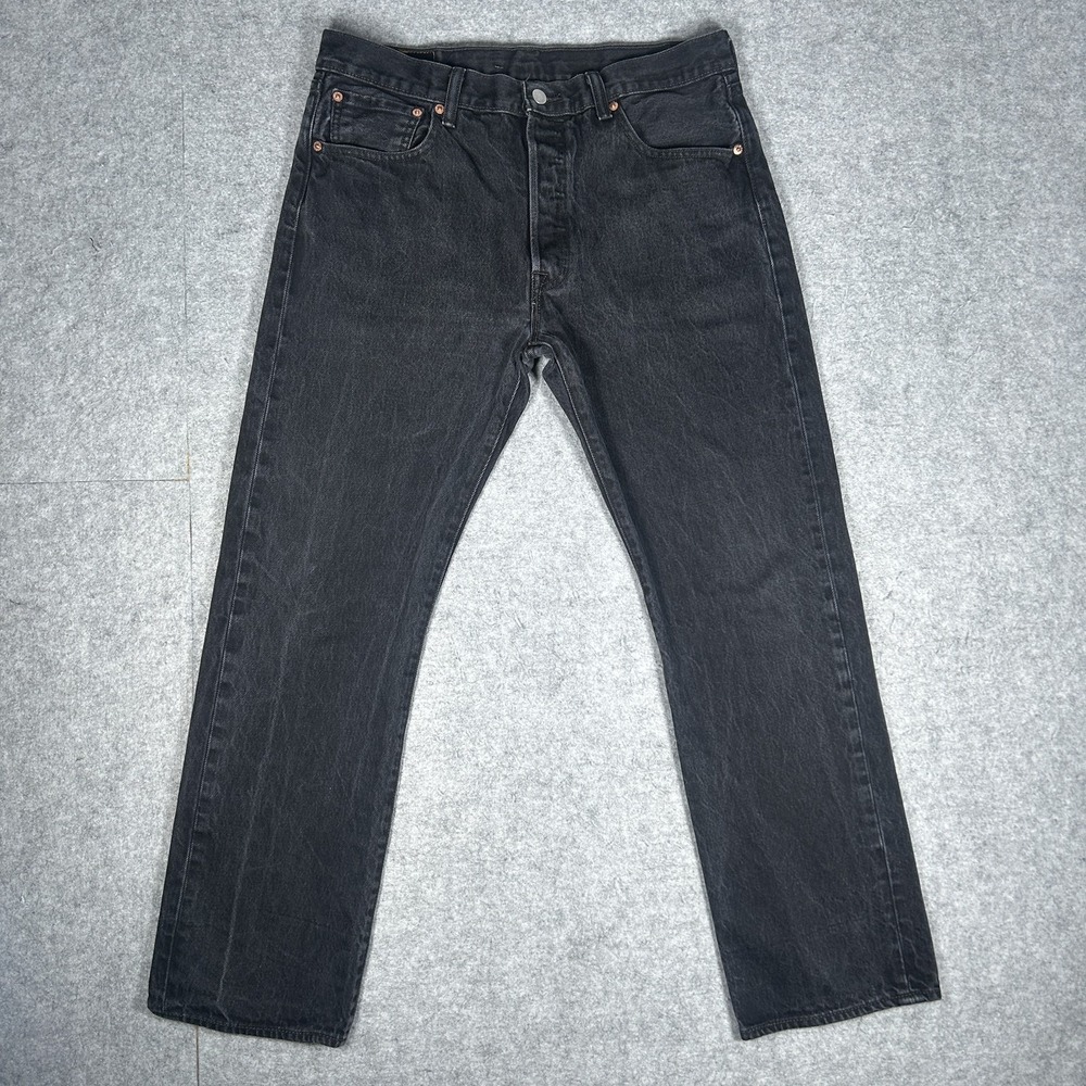 Levi's 501 Denim Jeans Mens 34x30 Black Straight Leg Faded Button Fly